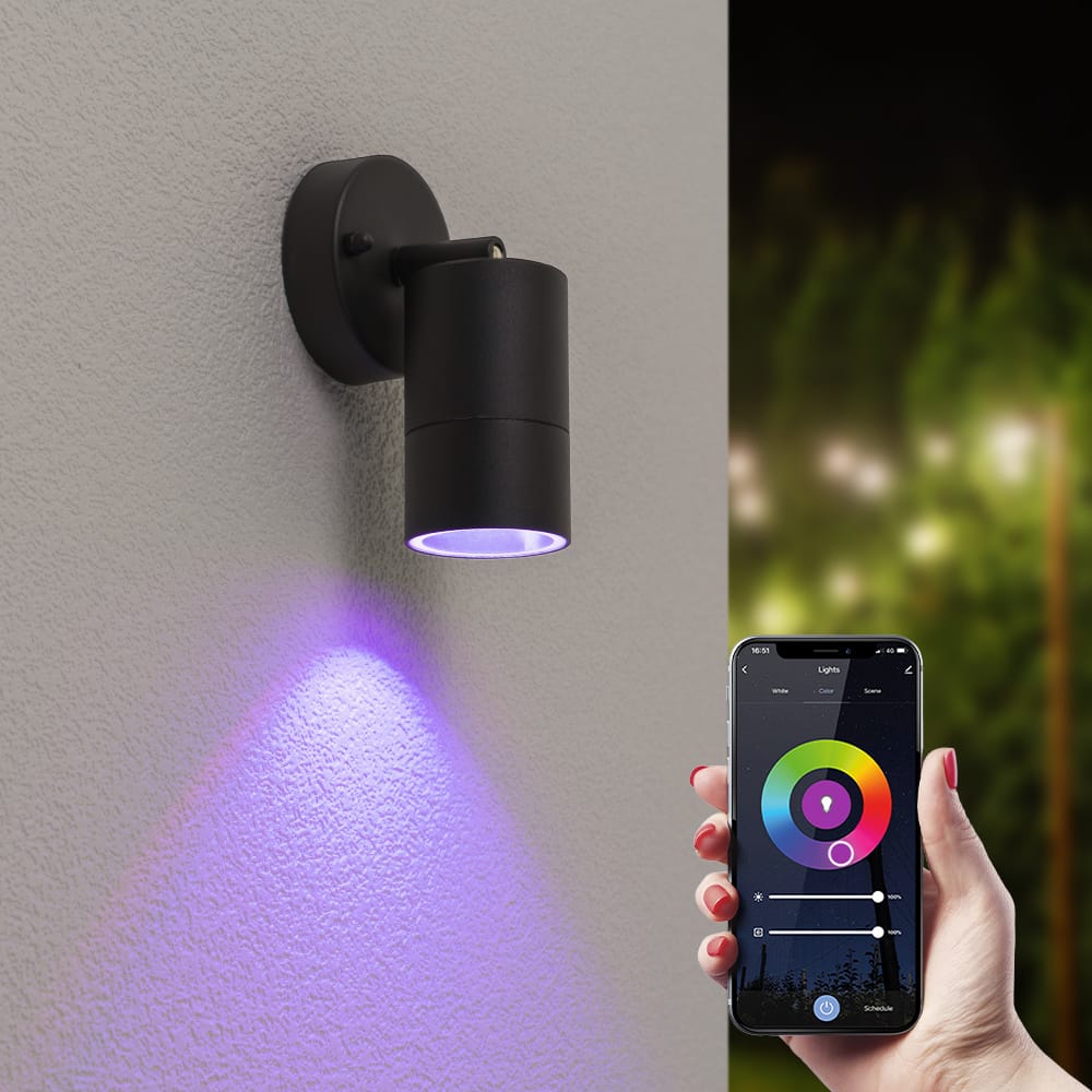 Lago - Smart LED Wandlamp - Wifi + Bluetooth - 5,5 Watt 345 lumen - Dimbaar - Kantelbaar - RGBWW - IP65 waterdicht - GU10 - Downlight - Zwart - Google Home, Amazon Alexa en Siri afbeelding 1