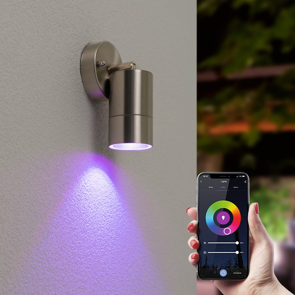 Lago - Smart Wandlamp LED - Wifi + Bluetooth - 5,5 Watt 345 lumen - Dimbaar - Kantelbaar - RGBWW - IP65 waterdicht - GU10 - Downlight - RVS - Google Home, Amazon Alexa en Siri afbeelding