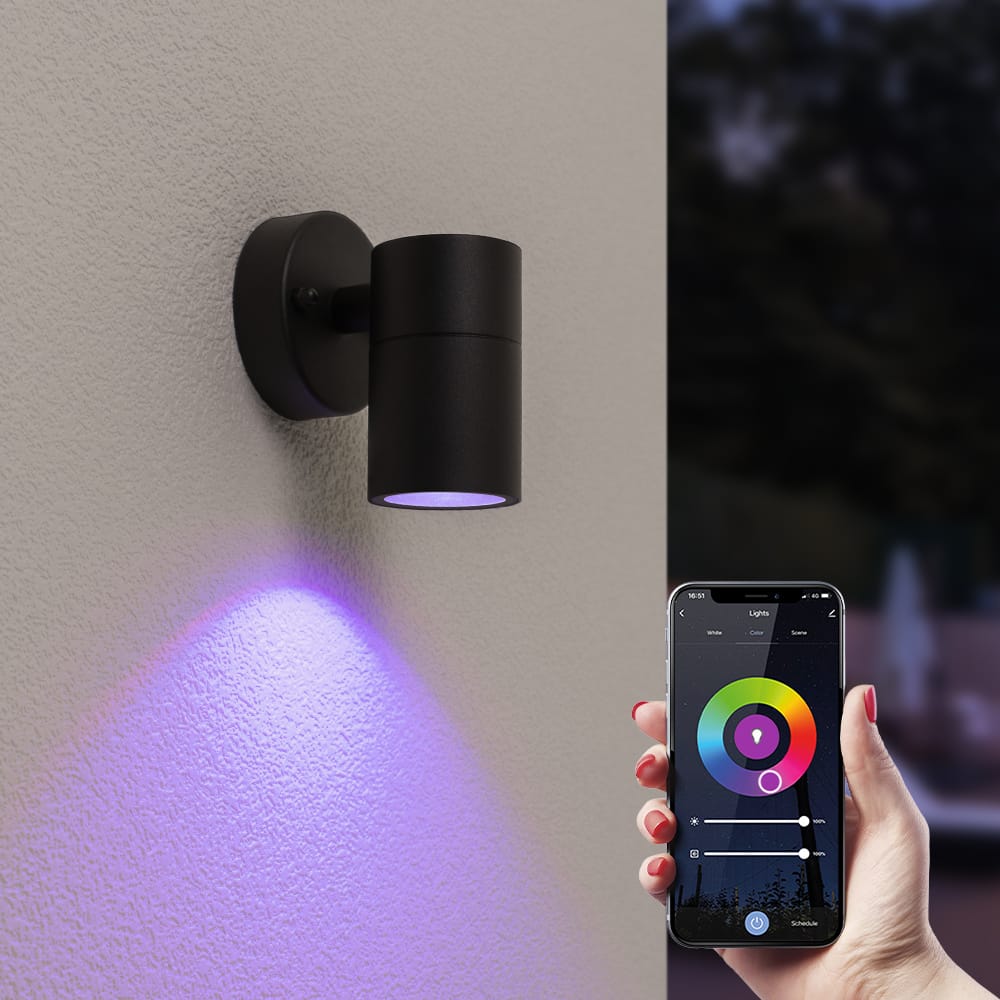 Mason - Smart LED Wandlamp - IP44 waterdicht - 5,5 Watt 345 Lumen - Wifi + Bluetooth - RGBWW - GU10 - Google Home, Amazon Alexa en Siri - Downlight - Zwart afbeelding