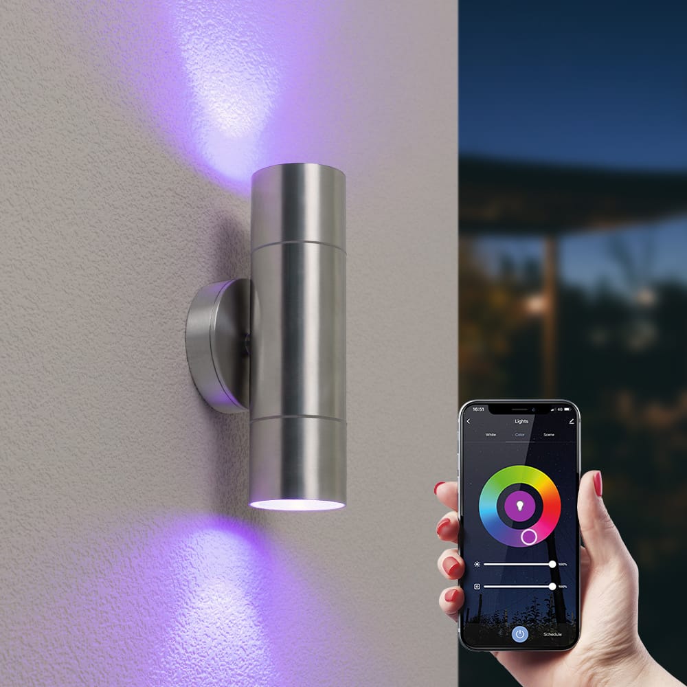 Dax Smart Wandlamp - 11W 800lm - Up & down light - Wifi + Ble - RGBWW - IP65 - GU10 - RVS afbeelding