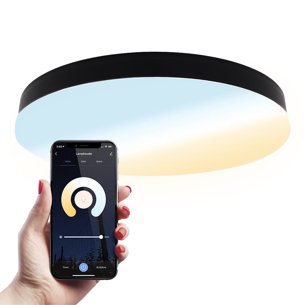 Lumi smart plafondlamp 16 Watt 1500 lumen Ø30cm IP54 waterdicht CCT 2700K 6500K Wifi Bluetooth Google Home, Amazon Alexa en Siri Zwart Badkamerlamp
