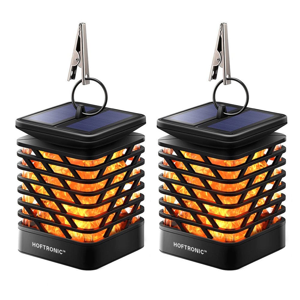 Set van 2 Solar Tuinlantaarn Amelia Met sfeervol vlam effect IP65 Waterdicht Warm wit 3000K licht Schemerschakelaar Tafellamp Hanglamp Solar lantaarn Zwart