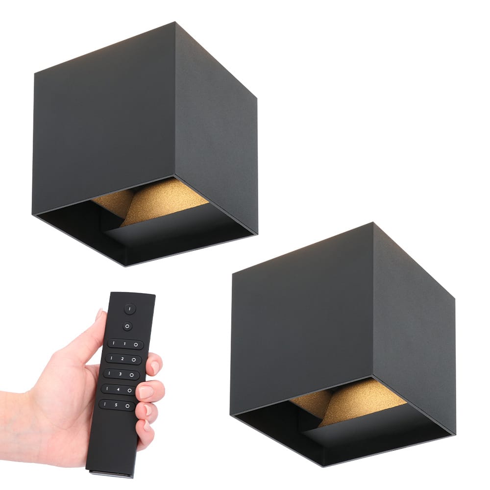 Set van 2 Kansas LED Wandlampen - 7 Watt 560 lumen - 3000K Warm Wit - Dimbaar met afstandsbediening - IP65 Waterdicht - Up&Down Light - Zwart - Binnen en buiten afbeelding