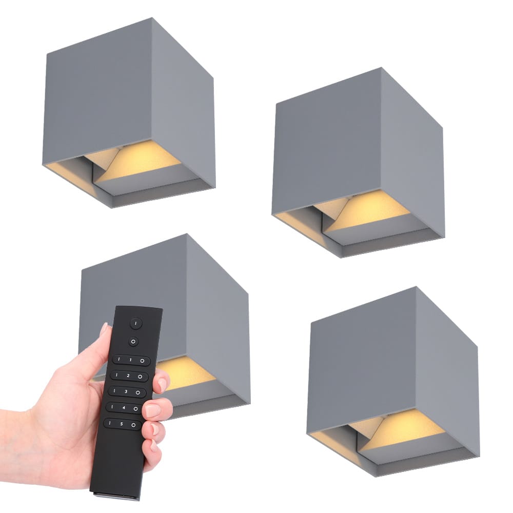 Set van 4 dimbare LED Wandlampen Kansas - grijs - 7 Watt 560 lumen - 3000K warm wit - Up & Down light - IP54 - Incl. dimmer met afstandsbediening afbeelding
