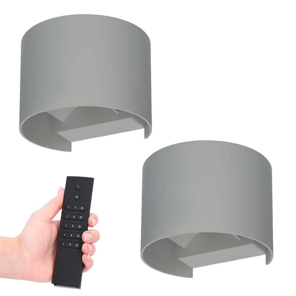 Set van 2 Denver LED Wandlampen - 6 Watt 660 lumen - IP54 Waterdicht - 3000K Warm Wit - Dimbaar via afstandsbediening - Buiten - Grijs - Binnen en buiten afbeelding