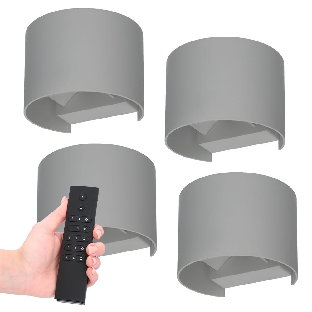 Set van 4 dimbare LED Wandlampen Denver - grijs - 6 Watt 660 lumen - 3000K - Up & Down light - IP54 waterdicht - Incl. dimmer met afstandsbediening afbeelding 1