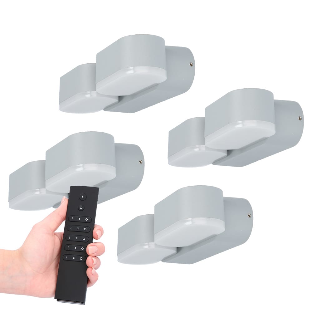 Set van 4 dimbare LED Wandlampen Dayton dubbel - grijs - 12 Watt 1320 lumen - 3000K - Up & Down light - kantelbaar - IP54 waterdicht - Incl. dimmer met afstandsbediening afbeelding 1
