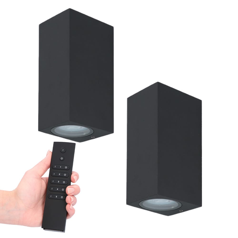 2x LED wandlamp Selma Zwart - Dimbaar - 8 watt 690 lumen - 2700K warm wit- GU10 - Up & Down light - IP65 Waterdicht - Incl. dimmer met afstandsbediening - tuinverlichting afbeelding
