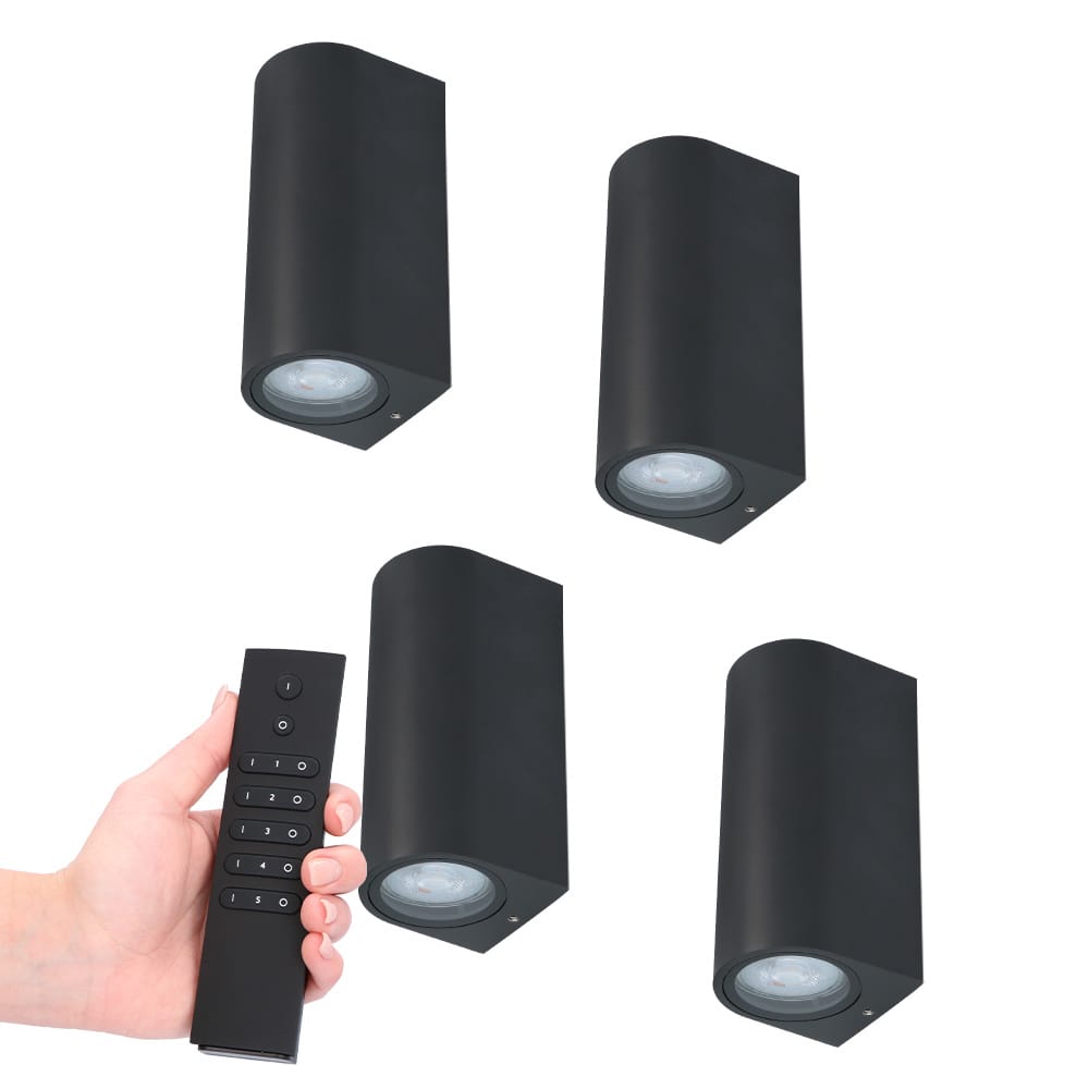 Set van 4 dimbare LED wandlamp Douglas - 2700K warm wit- GU10 - Up & Down light - IP65 Waterdicht - Incl. dimmer met afstandsbediening - tuinverlichting afbeelding