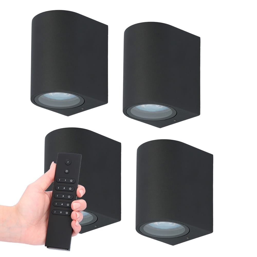 Set van 4 dimbare LED wandlamp Alvin - Zwart - 2700K warm wit - GU10 fitting - Downlight - IP65 Waterdicht - Incl. dimmer met afstandsbediening afbeelding