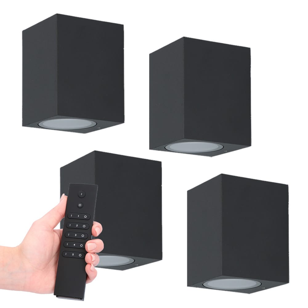 Set van 4 Marion LED wandlampen - Dimbaar - 4 Watt 345 lumen - IP65 Waterdicht - GU10 - 2700K Warm Wit - Dimbaar - Binnen & buiten - Zwart - Incl. dimmer met afstandsbediening afbeelding