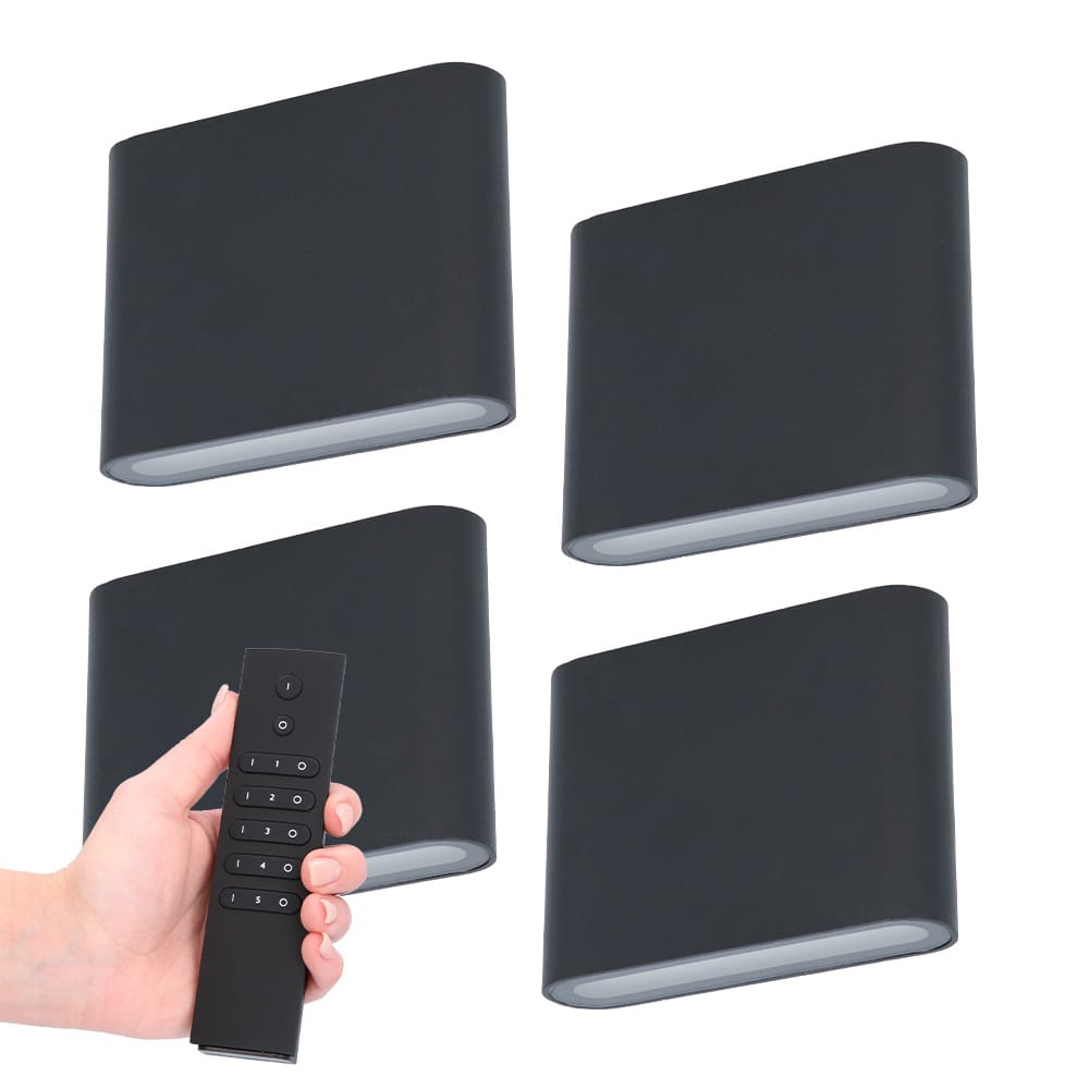 HOFTRONIC™ Set van 4 dimbare LED Wandlamp Dallas S zwart 6 Watt - 3000K - Up & Down light - IP54 - Incl. dimmer met afstandsbediening