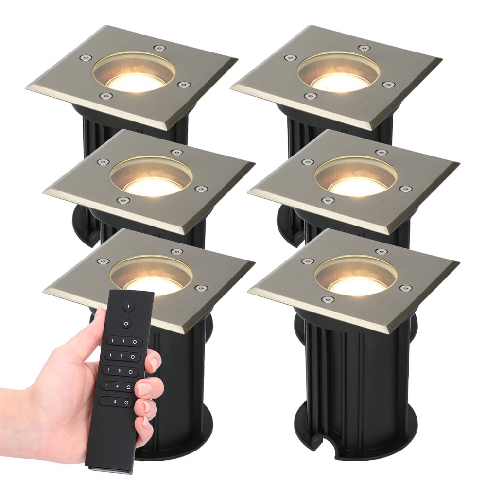 Set van 6 Ramsay LED Grondspots vierkant buiten - Dimbaar - GU10 - 2700K warm wit - 4 Watt 345 lumen - Tuinspot - RVS - IP67 waterdicht - Incl. Afstandsbediening afbeelding