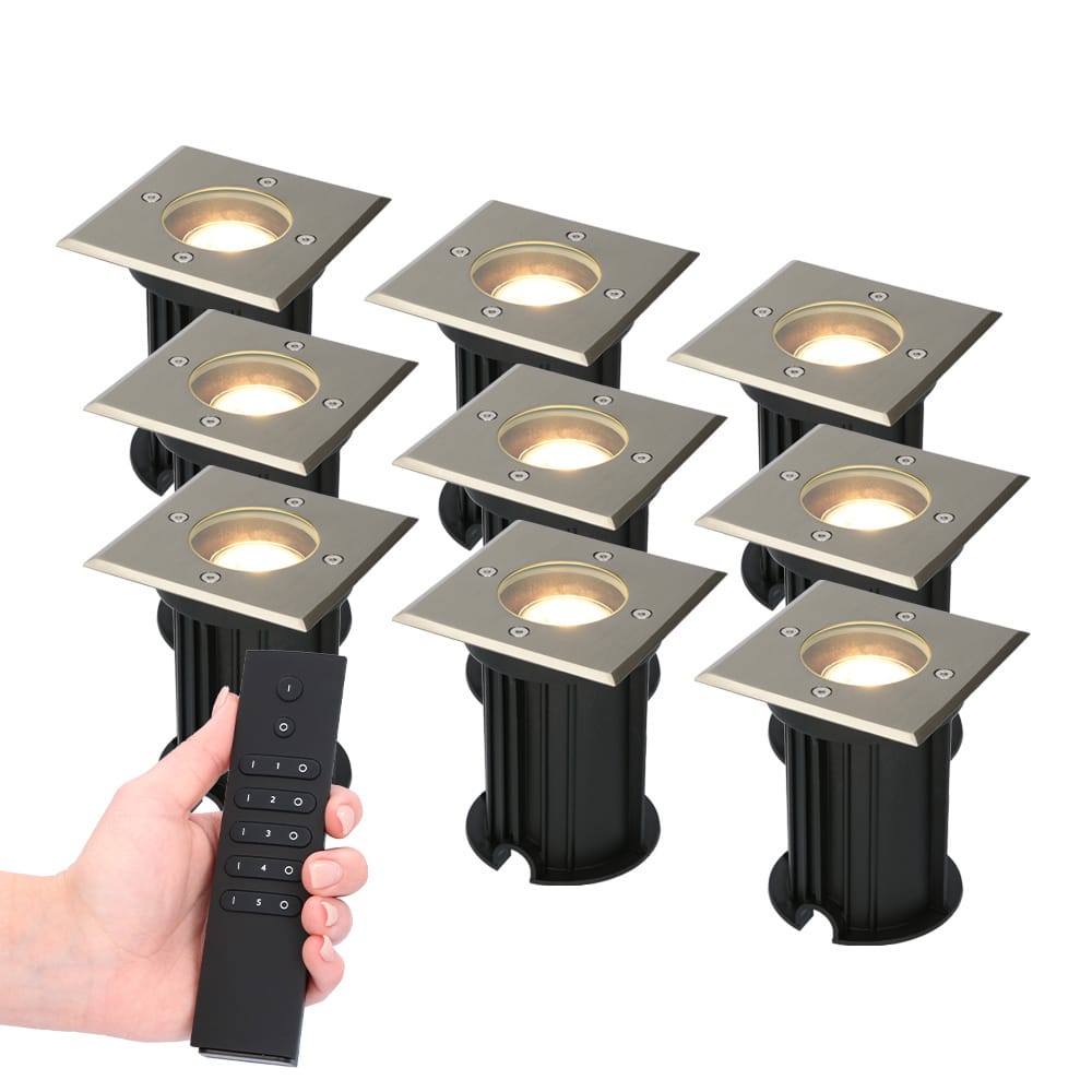 Set van 9 Ramsay LED Grondspots vierkant buiten - Dimbaar - GU10 - 2700K warm wit - 4 Watt 345 lumen - Tuinspot - RVS - IP67 waterdicht - Incl. Afstandsbediening afbeelding