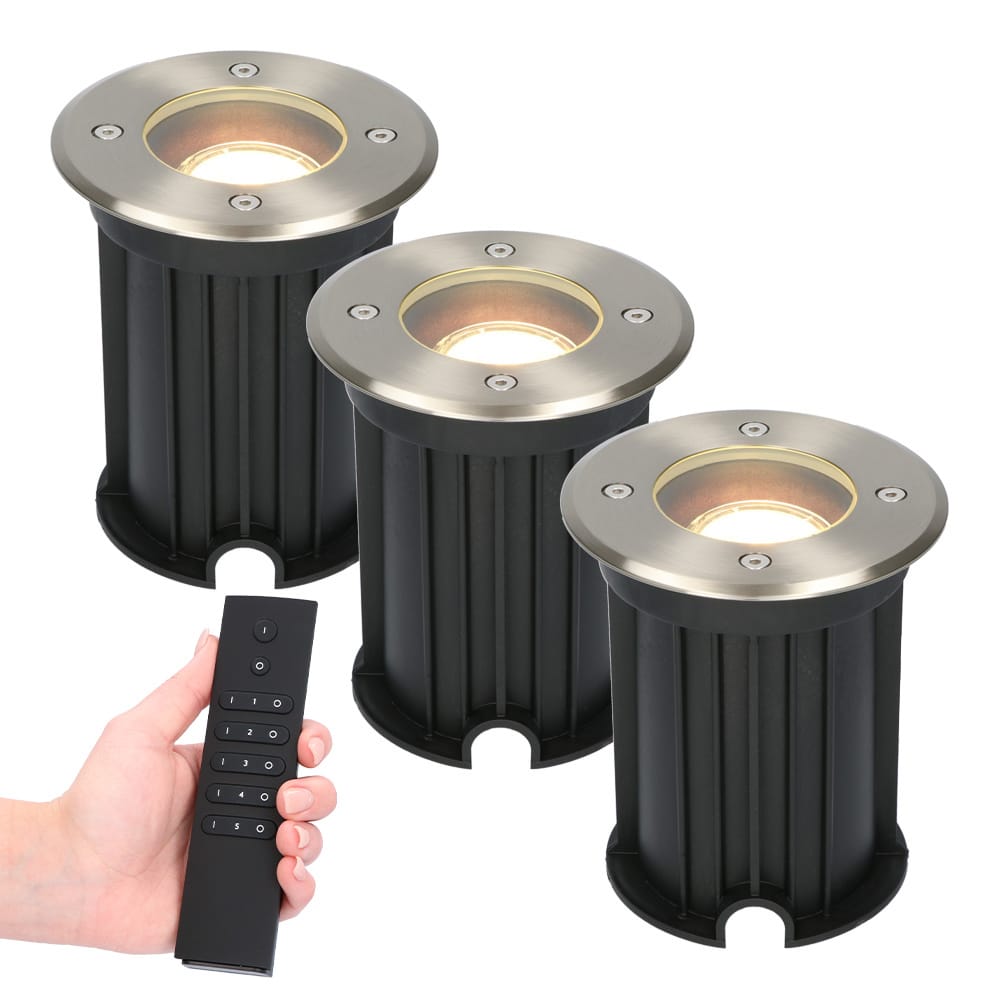 Set van 3 dimbare LED grondspot Maisy - rond - RVS - 4 Watt 345 lumen - 2700K warm wit - IP65 Waterdicht - Incl. dimmer met afstandsbediening afbeelding