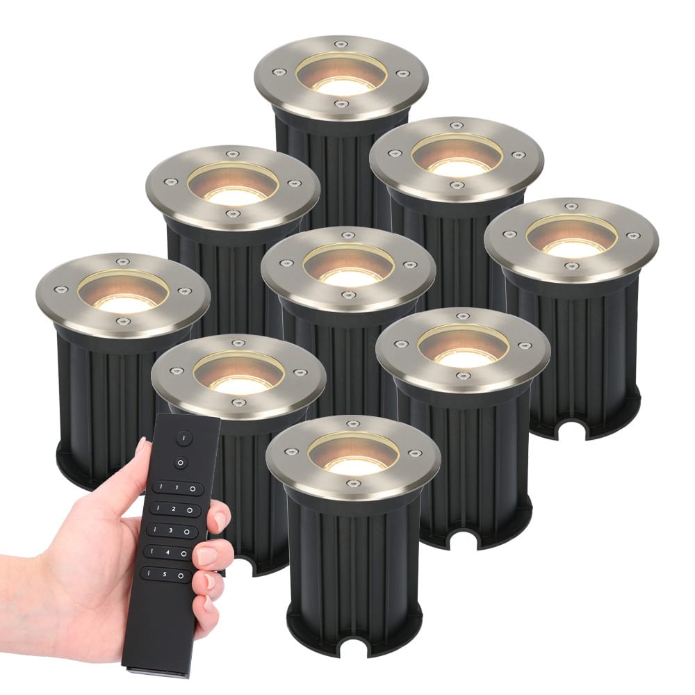 Set van 9 dimbare LED grondspot Maisy - rond - RVS - 4 Watt 345 lumen - 2700K warm wit - IP65 Waterdicht - Incl. dimmer met afstandsbediening afbeelding