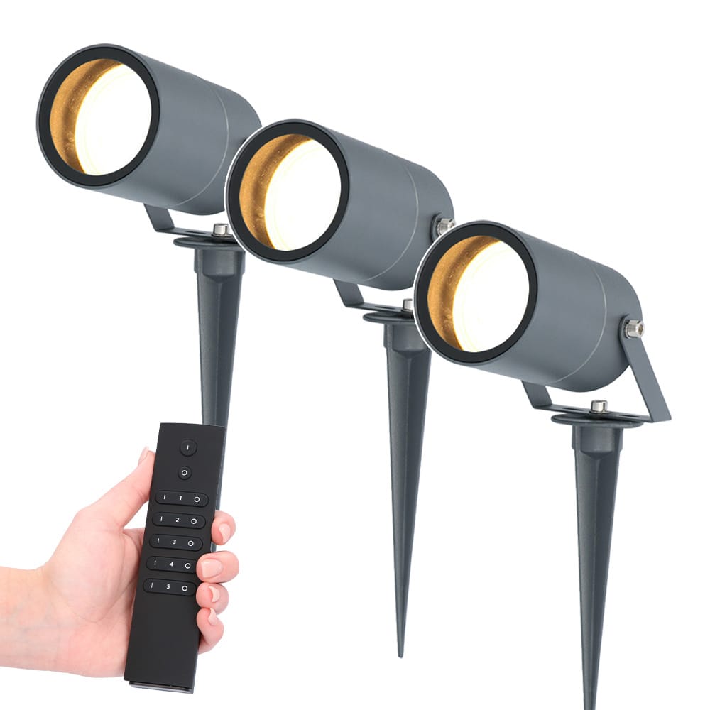 HOFTRONIC™ Set van 3 LED Prikspots Spikey - 5 Watt - 400lm - 2700K - antraciet - IP65 waterdicht - Incl. dimmer met afstandsbediening