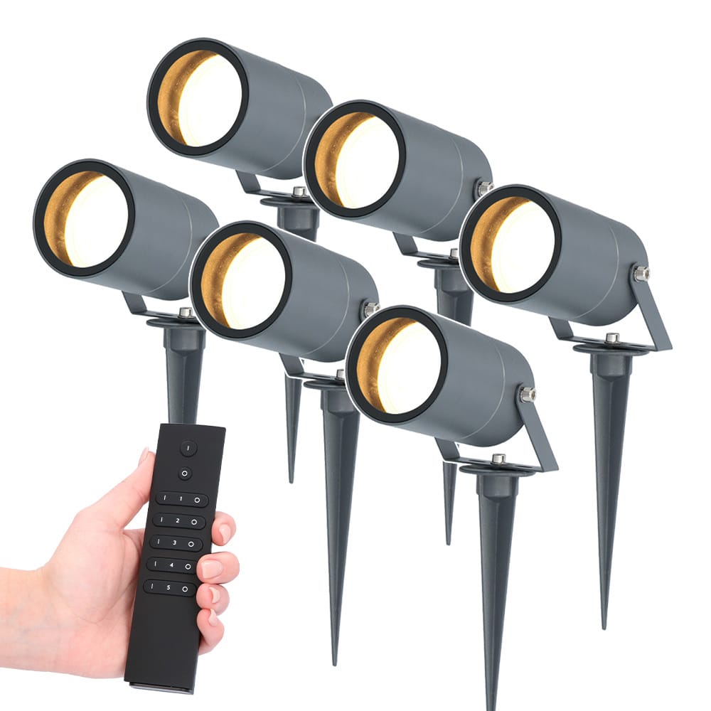 HOFTRONIC™ Set van 6 LED Prikspots Spikey - 5 Watt - 400lm - 2700K - antraciet - IP65 waterdicht - Incl. dimmer met afstandsbediening
