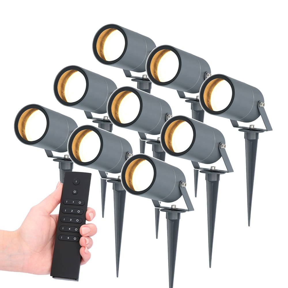 HOFTRONIC™ Set van 9 LED Prikspots Spikey - 5 Watt - 400lm - 2700K - antraciet - IP65 waterdicht - Incl. dimmer met afstandsbediening