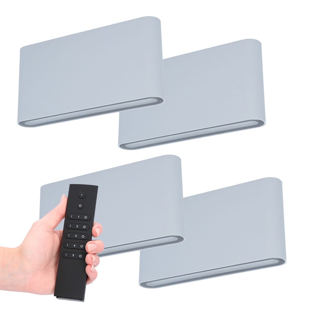 Set van 4 LED Wandlampen Dallas M - Grijs - 12 Watt 660 lumen - 3000K warm wit - Up & Down light - IP54 waterdicht - Incl. dimmer met afstandsbediening - Binnen & Buiten afbeelding