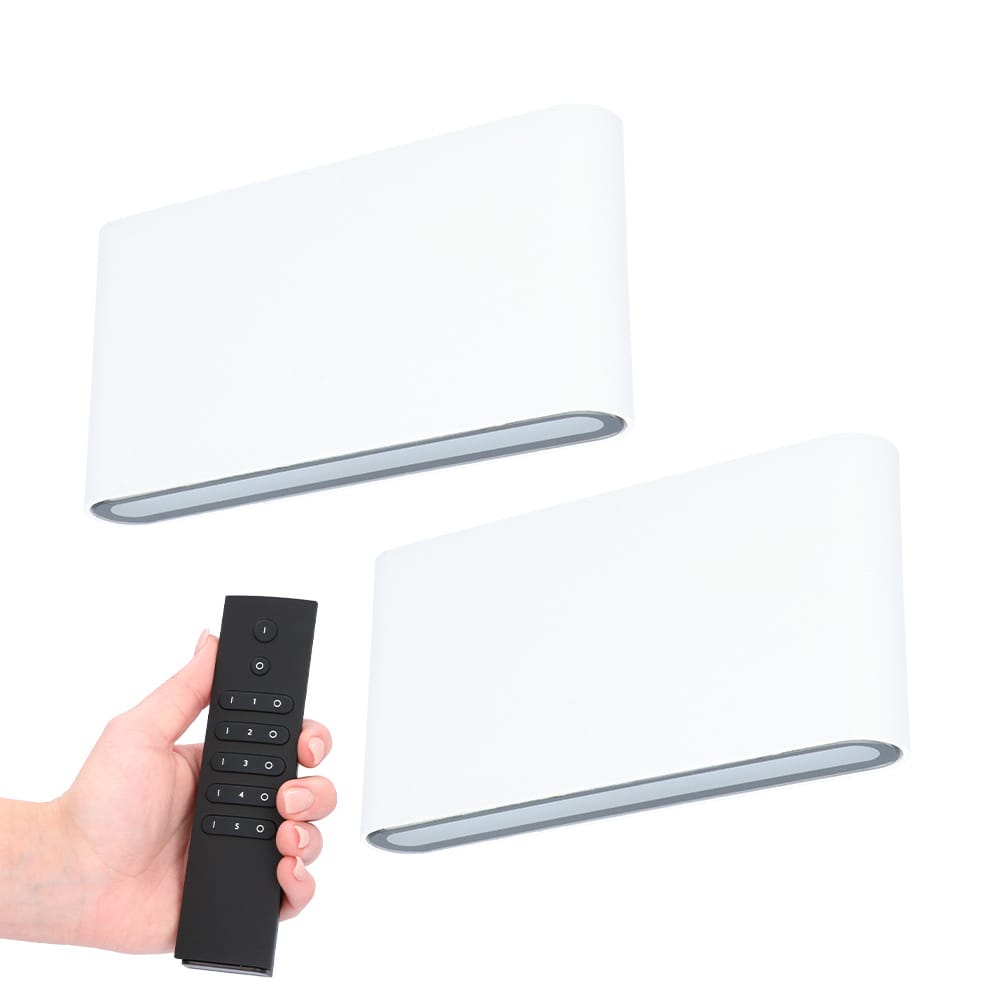 Set van 2 LED Wandlampen Dallas M - Wit - 12 Watt 660 lumen - 3000K warm wit - Up & Down light - IP54 waterdicht - Incl. dimmer met afstandsbediening - Binnen & Buiten afbeelding