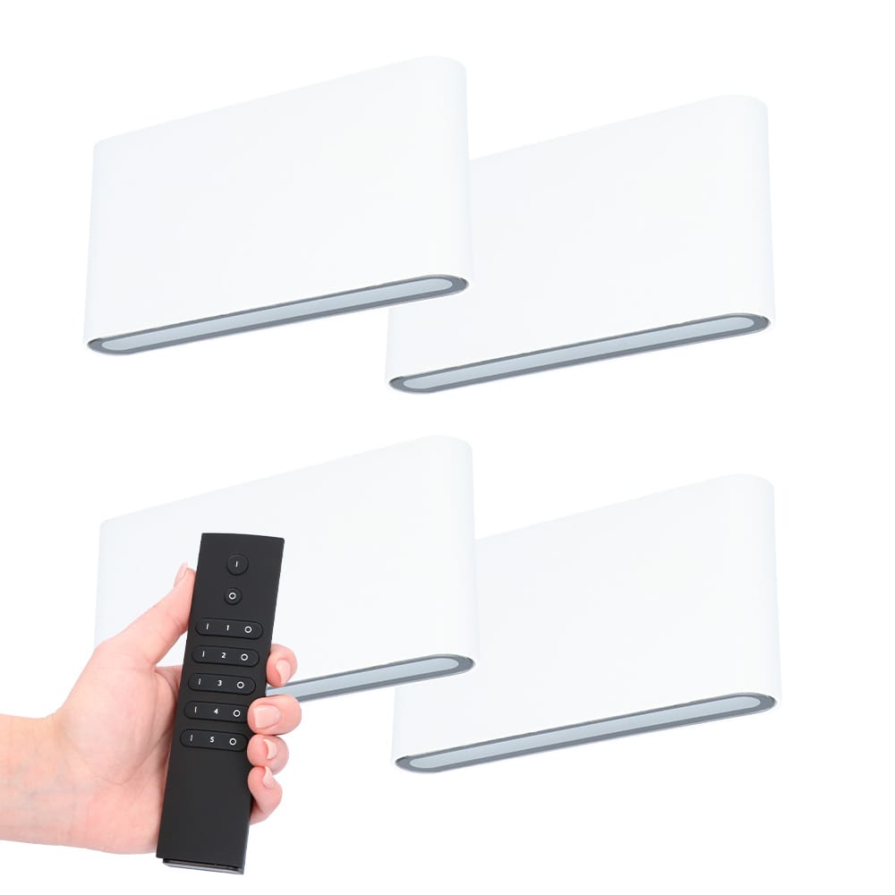 Set van 4 LED Wandlampen Dallas M - Wit - 12 Watt 660 lumen - 3000K warm wit - Up & Down light - IP54 waterdicht - Incl. dimmer met afstandsbediening - Binnen & Buiten afbeelding