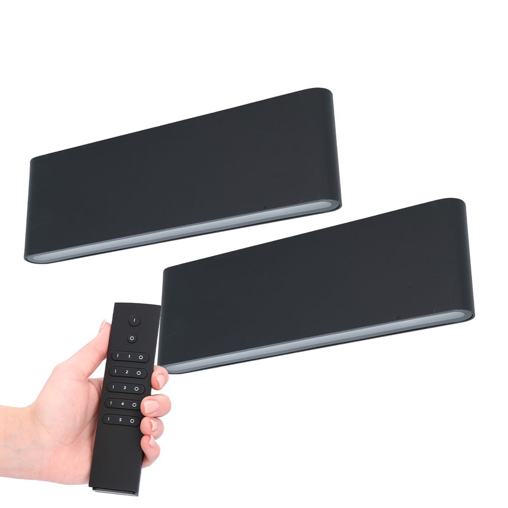 Set van 2 LED Wandlampen Dallas XL - Zwart - 3000K Warm wit - 24 Watt 2480 lumen - IP54 Waterdicht - Up & Down light - Incl. dimmer met afstandsbediening - Binnen & Buiten afbeelding