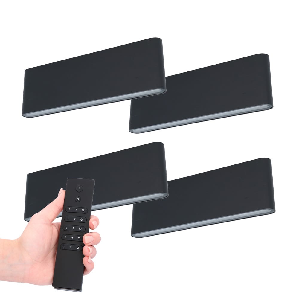Set van 4 LED Wandlampen Dallas XL - Zwart - 3000K Warm wit - 24 Watt 2480 lumen - IP54 Waterdicht - Up & Down light - Incl. dimmer met afstandsbediening - Binnen & Buiten afbeelding
