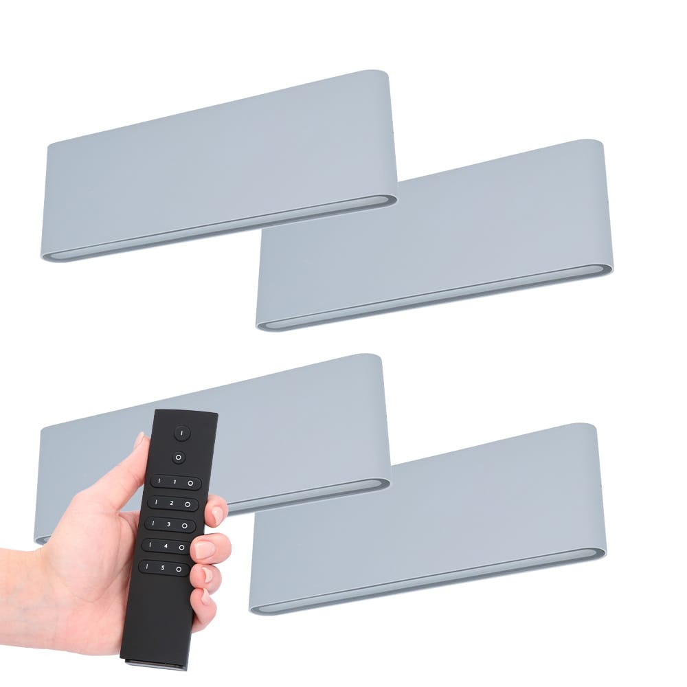 Set van 4 LED Wandlampen Dallas XL - Grijs - 3000K Warm wit - 24 Watt 2480 lumen - IP54 Waterdicht - Up & Down light - Incl. dimmer met afstandsbediening - Binnen & Buiten afbeelding