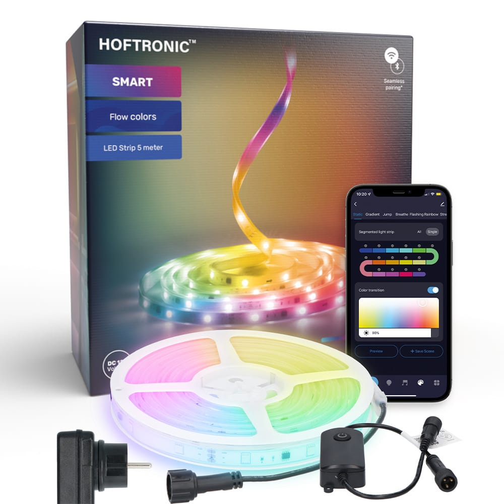 Smart LED Strip 5m - IP67 waterdicht - 12V - RGB Flow Color - WiFi + Bluetooth - 16,5 miljoen kleuren met 120 LEDs - Voor Google Home, Amazon Alexa en Siri afbeelding