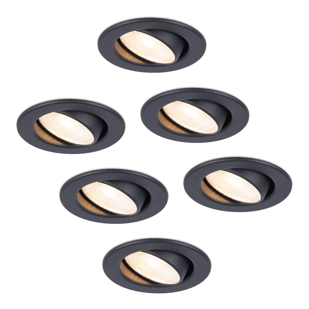Set van 6 Malta LED inbouwspots - 5 Watt 400 lumen - 2700K warm wit - Dimbaar - Rond - Kantelbaar - IP44 waterdicht - Zwart - Incl. Quick Connector box afbeelding 1