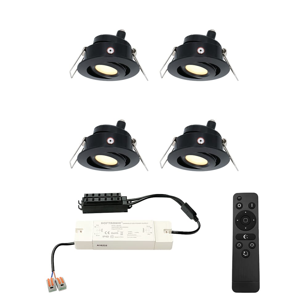 Set van 4 Sienna LED Mini Inbouwspots met trafo 12 Volt 3 Watt 200 lumen Dimbaar Kantelbaar Plat 30mm 2700K IP44 waterdicht Zwart