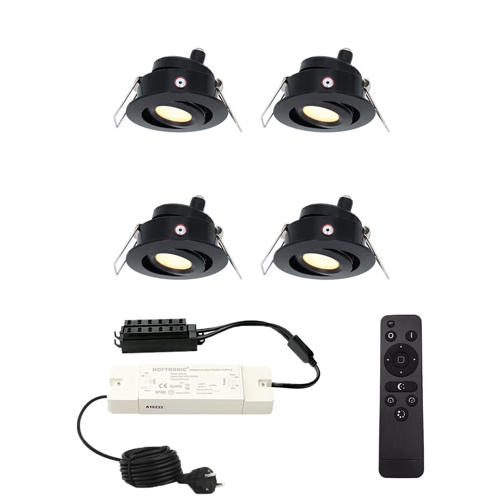 Set met 4 Sienna 12V inbouwspots - 3 Watt 200 lumen - 2700K warm wit - Zwart - IP44 waterdicht - kantelbaar - verandaspots - met afstandsbediening afbeelding
