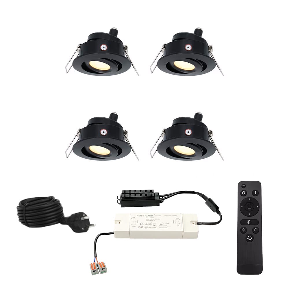 HOFTRONIC™ Sienna - 4x inbouwspots veranda - Dimbaar LED - Complete set met afstandsbediening - Kantelbaar - Plug & Play - 12 Volt 3 watt - 2700K 200 lumen - IP44 - Zwart