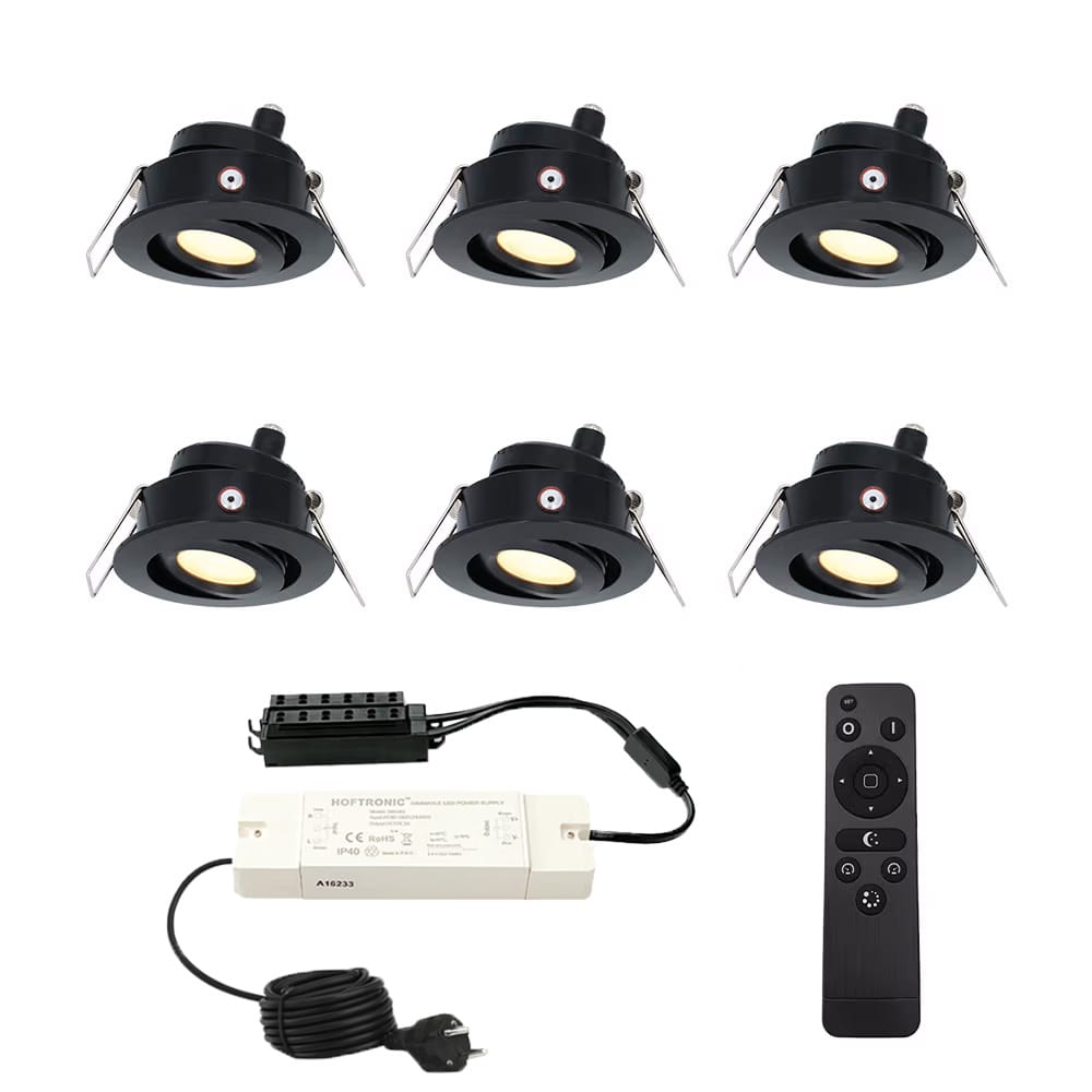 Set met 6 Sienna 12V inbouwspots - 3 Watt 200 lumen - 2700K warm wit - Zwart - IP44 waterdicht - kantelbaar - verandaspots - met afstandsbediening afbeelding