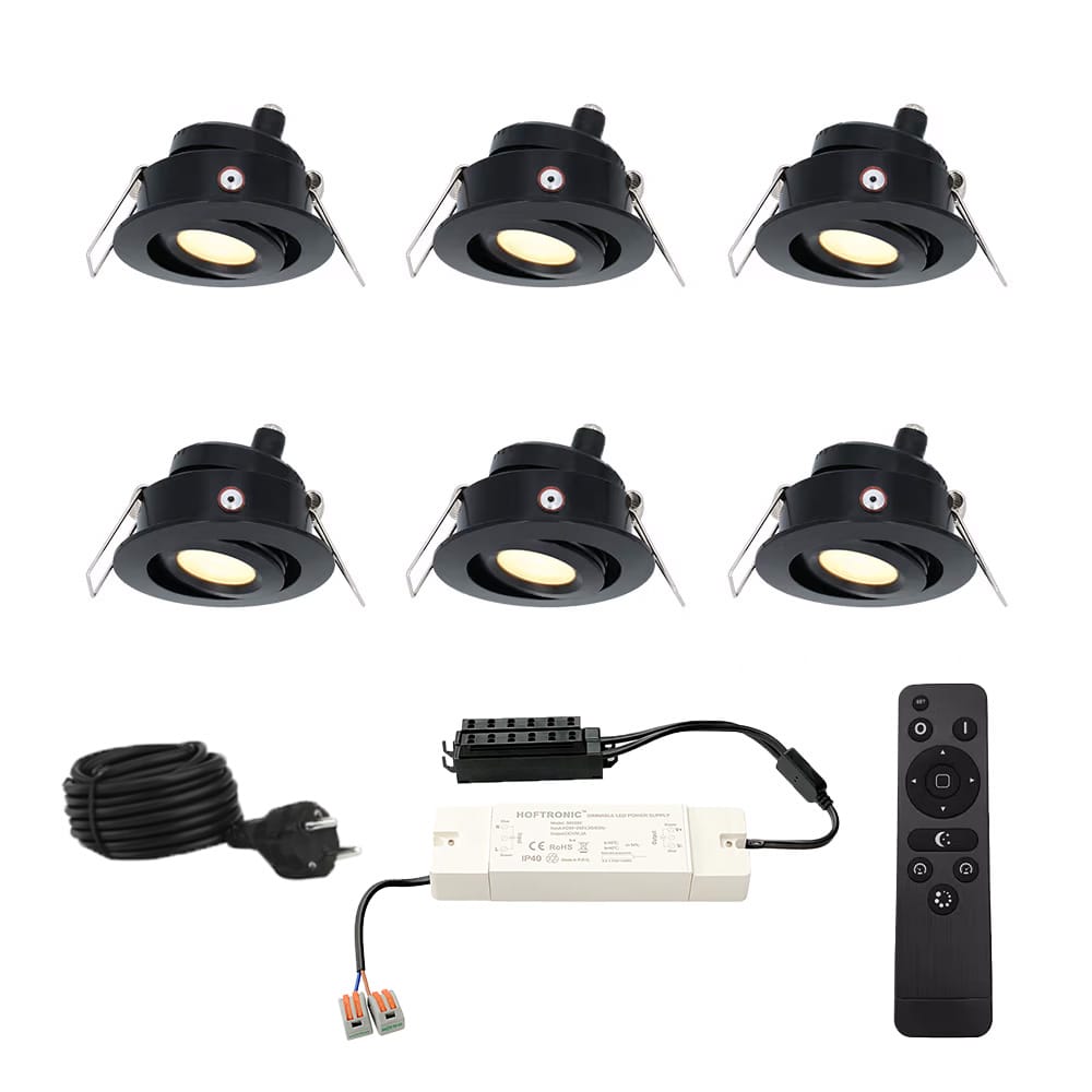 HOFTRONIC™ Sienna - 6x inbouwspots veranda - Dimbaar LED - Complete set met afstandsbediening - Kantelbaar - Plug & Play - 12 Volt 3 watt - 2700K 200 lumen - IP44 - Zwart