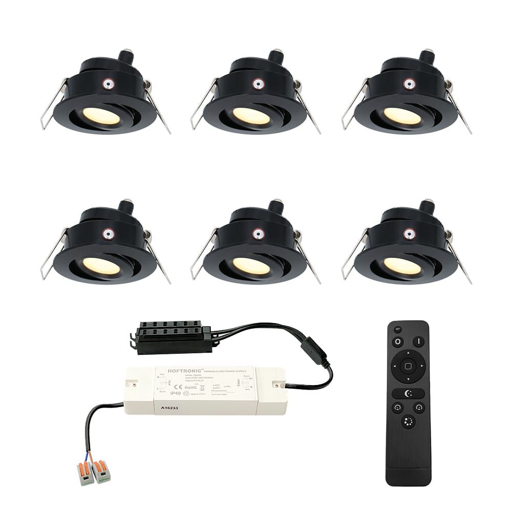 Set met 6 Sienna 12V inbouwspots - 3 Watt 200 lumen - 2700K warm wit - Zwart - IP44 waterdicht - kantelbaar - verandaspots - met afstandsbediening afbeelding