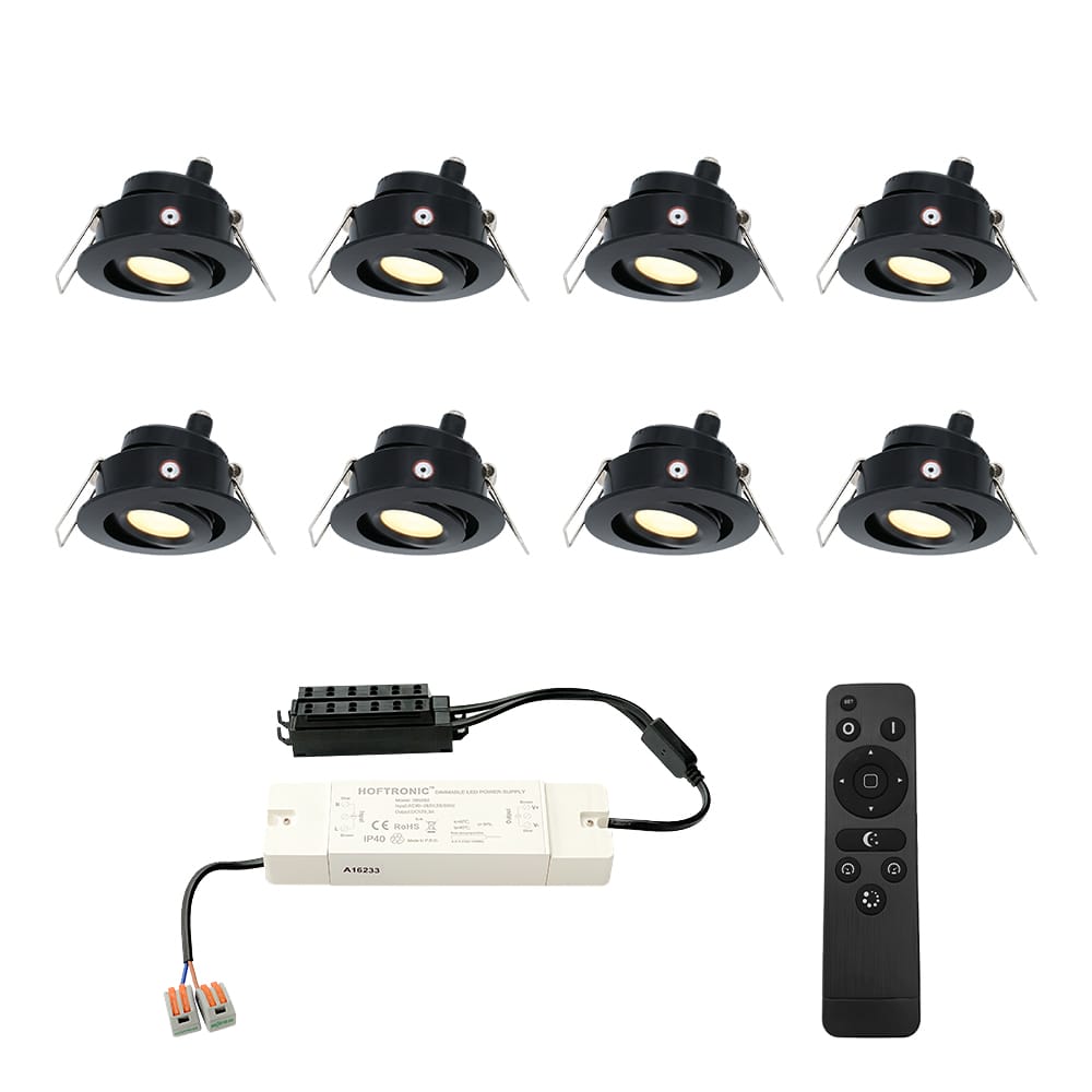 Set van 8 Sienna LED Mini Inbouwspots met trafo - 12 Volt 3 Watt 200 lumen - Dimbaar - Kantelbaar - Plat 30mm - 2700K - IP44 waterdicht - Zwart afbeelding