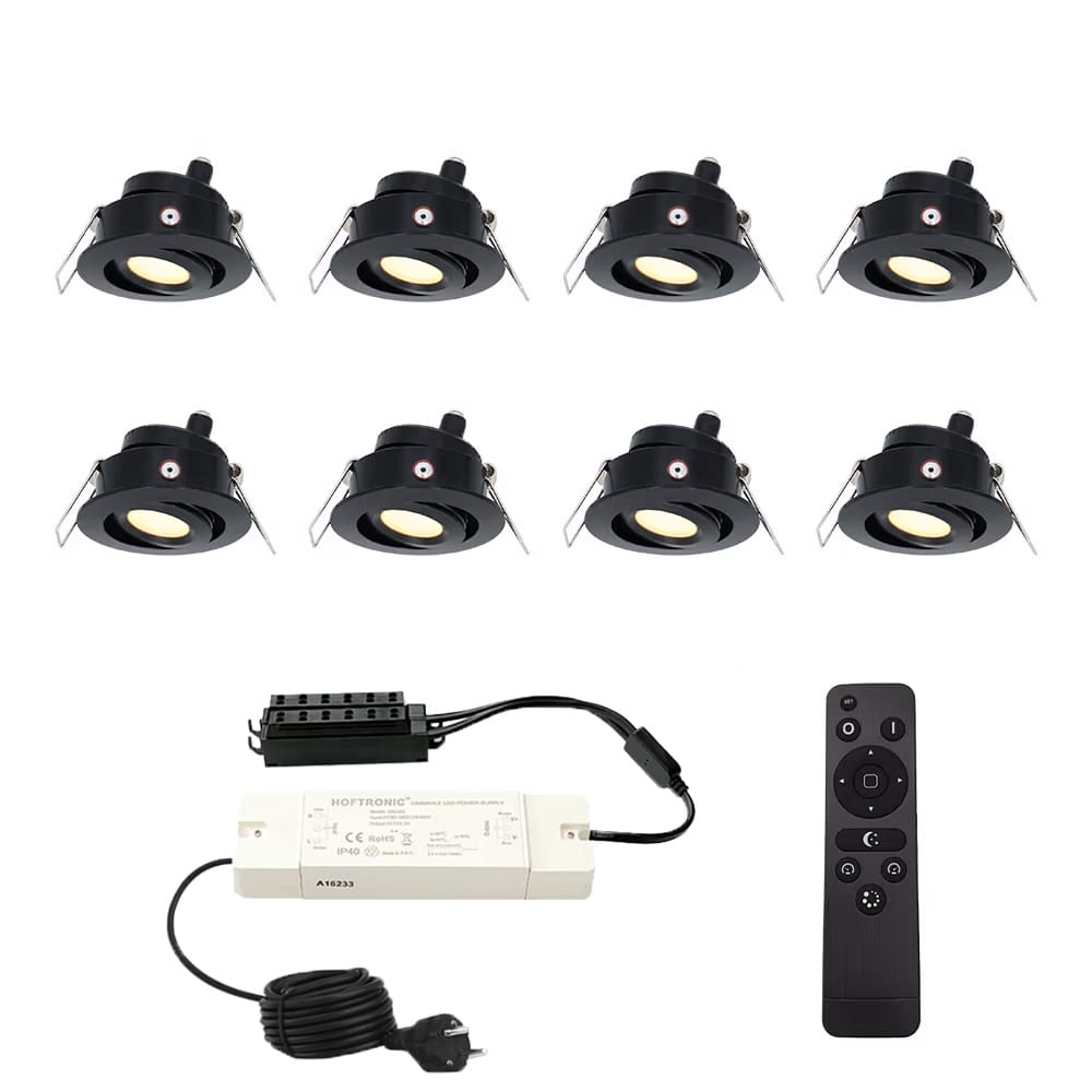 Set met 8 Sienna 12V inbouwspots - 3 Watt 200 lumen - 2700K warm wit - Zwart - IP44 waterdicht - kantelbaar - verandaspots - met afstandsbediening afbeelding