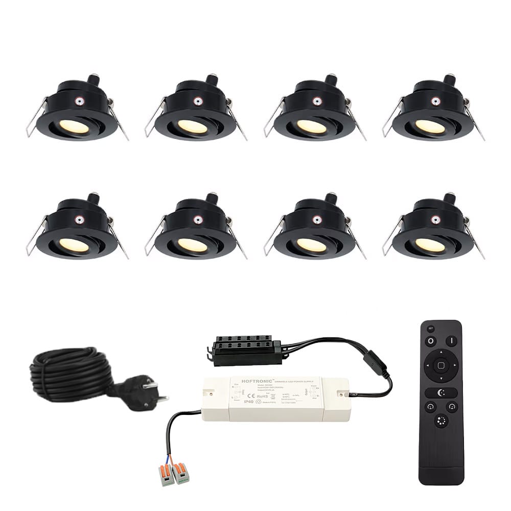 HOFTRONIC™ Sienna - 8x inbouwspots veranda - Dimbaar LED - Complete set met afstandsbediening - Kantelbaar - Plug & Play - 12 Volt 3 watt - 2700K 200 lumen - IP44 - Zwart