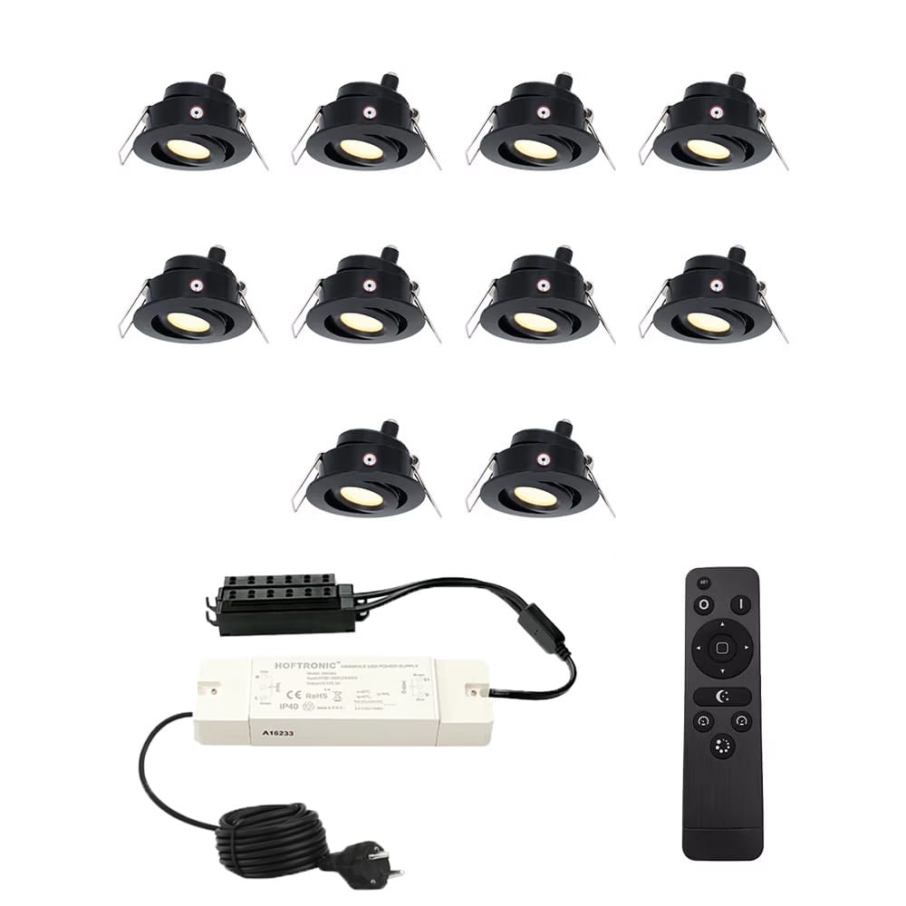 Set met 10 Sienna 12V inbouwspots - 3 Watt 200 lumen - 2700K warm wit - Zwart - IP44 waterdicht - kantelbaar - verandaspots - met afstandsbediening afbeelding
