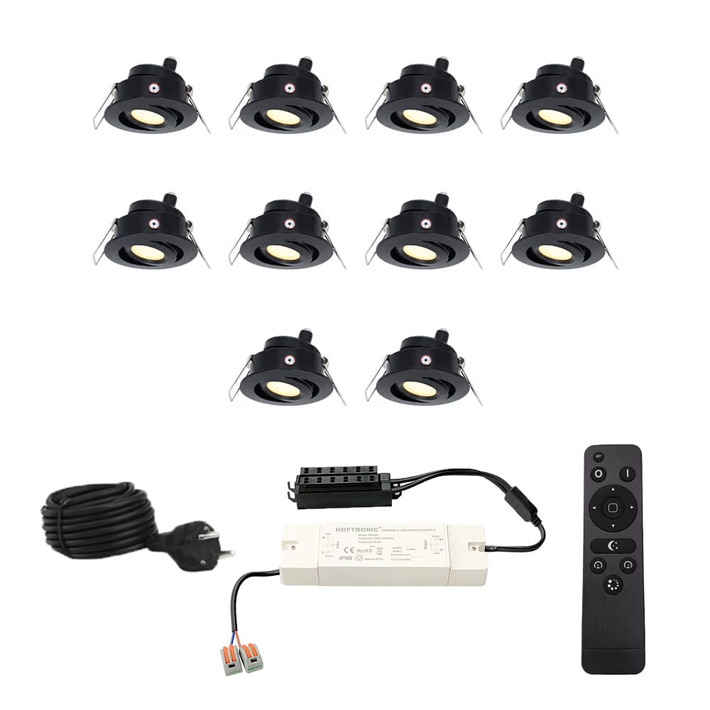 HOFTRONIC™ Sienna - 10x inbouwspots veranda - Dimbaar LED - Complete set met afstandsbediening - Kantelbaar - Plug & Play - 12 Volt 3 watt - 2700K 200 lumen - IP44 - Zwart