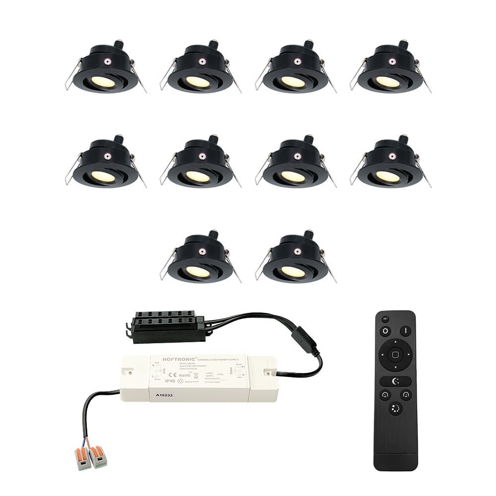 Set met 10 Sienna 12V inbouwspots - 3 Watt 200 lumen - 2700K warm wit - Zwart - IP44 waterdicht - kantelbaar - verandaspots - met afstandsbediening afbeelding