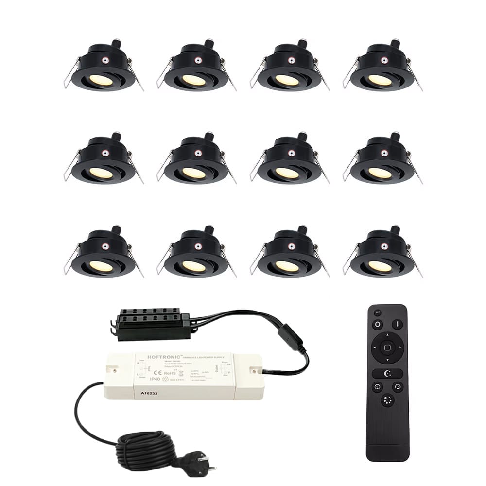 Set met 12 Sienna 12V inbouwspots - 3 Watt 200 lumen - 2700K warm wit - Zwart - IP44 waterdicht - kantelbaar - verandaspots - met afstandsbediening afbeelding