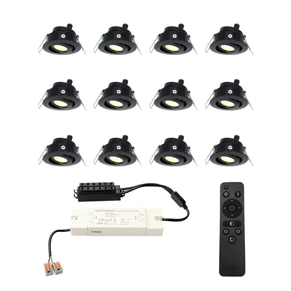 Set met 12 Sienna 12V inbouwspots - 3 Watt 200 lumen - 2700K warm wit - Zwart - IP44 waterdicht - kantelbaar - verandaspots - met afstandsbediening afbeelding