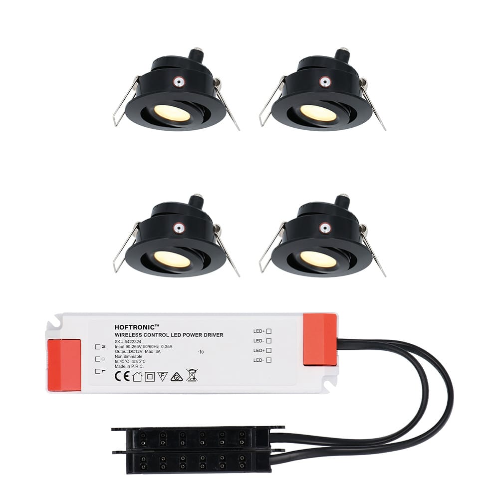 Set van 4 Sienna LED Mini Inbouwspots met trafo - 12 Volt 3 Watt 200 lumen - Kantelbaar - Plat 58mm - 2700K - IP44 waterdicht - Zwart afbeelding