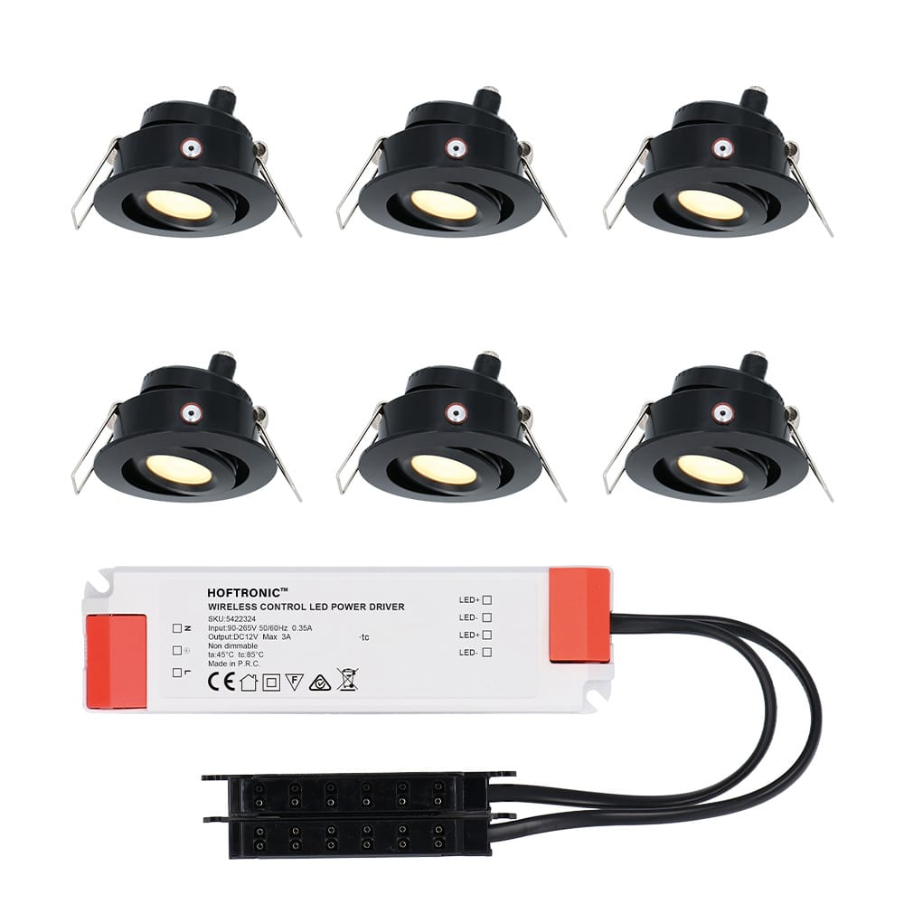 Set van 6 Sienna LED Mini Inbouwspots met trafo - 12 Volt 3 Watt 200 lumen - Kantelbaar - Plat 58mm - 2700K - IP44 waterdicht - Zwart afbeelding