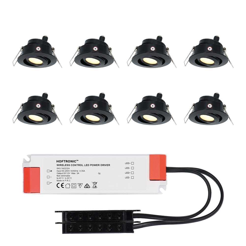 Set van 8 Sienna LED Mini Inbouwspots met trafo - 12 Volt 3 Watt 200 lumen - Kantelbaar - Plat 58mm - 2700K - IP44 waterdicht - Zwart afbeelding