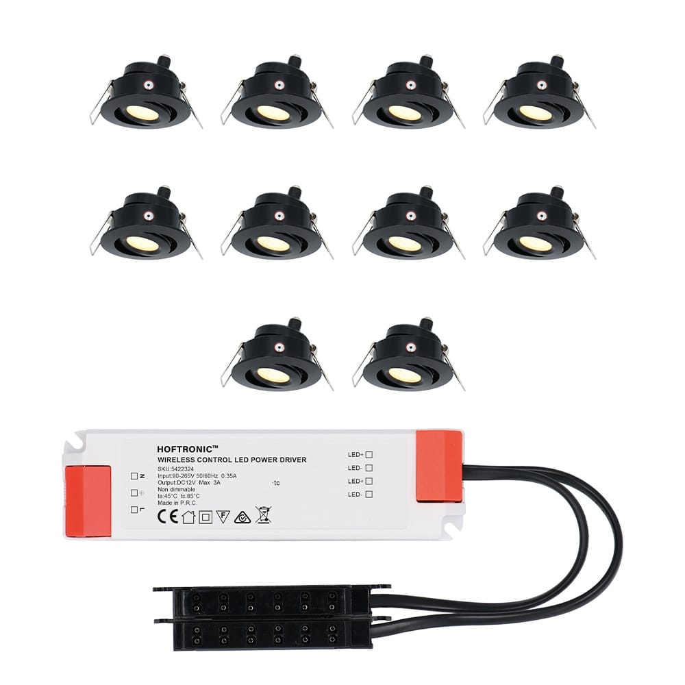 Set van 10 Sienna LED Mini Inbouwspots met trafo - 12 Volt 3 Watt 200 lumen - Kantelbaar - Plat 58mm - 2700K - IP44 waterdicht - Zwart afbeelding