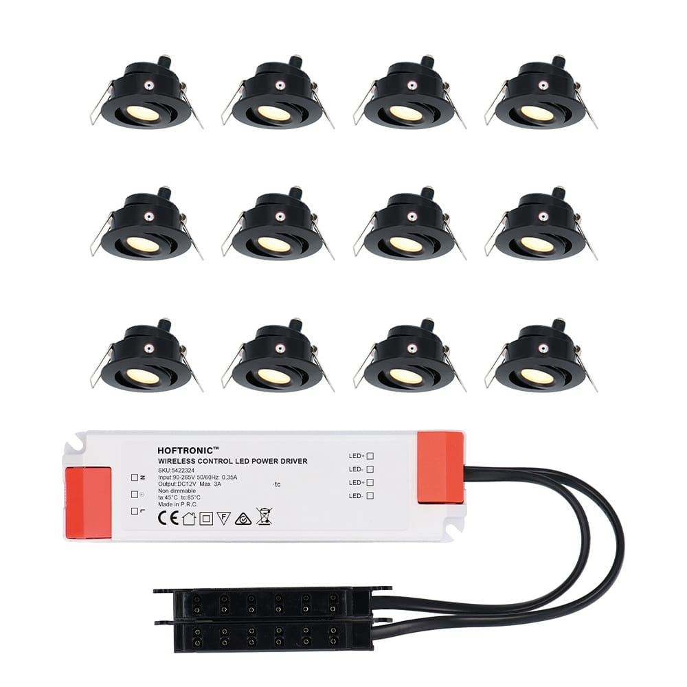 Set van 12 Sienna LED Mini Inbouwspots met trafo - 12 Volt 3 Watt 200 lumen - Kantelbaar - Plat 58mm - 2700K - IP44 waterdicht - Zwart afbeelding